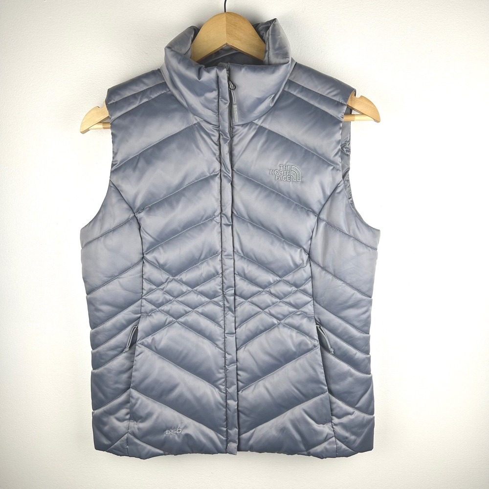 The North Face Womens 550 Goose Down Vest Gray Puffer Zip Up Padded Size S